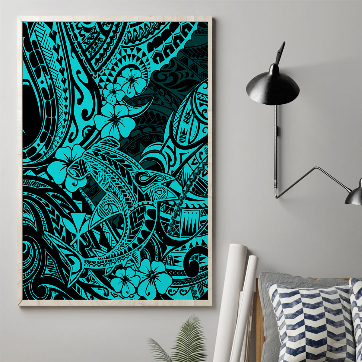 Hawaii Shark Canvas Wall Art Polynesian Pattern Turquoise Version LT01 - Polynesian Pride