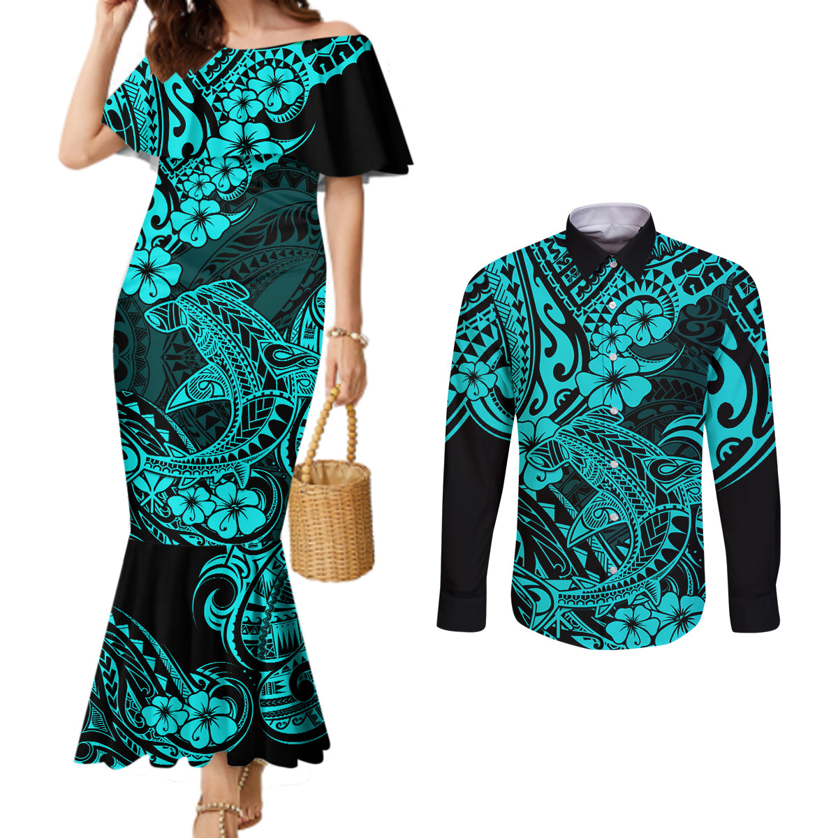 Hawaii Shark Couples Matching Mermaid Dress and Long Sleeve Button Shirts Polynesian Pattern Turquoise Version LT01 Turquoise - Polynesian Pride