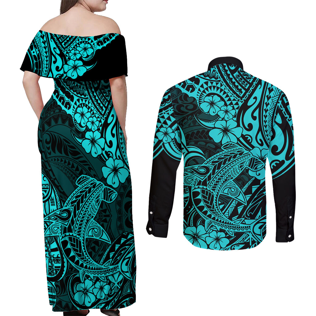 Hawaii Shark Couples Matching Off Shoulder Maxi Dress and Long Sleeve Button Shirts Polynesian Pattern Turquoise Version LT01 - Polynesian Pride