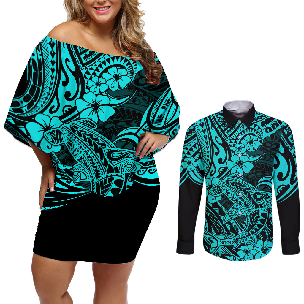 Hawaii Shark Couples Matching Off Shoulder Short Dress and Long Sleeve Button Shirts Polynesian Pattern Turquoise Version LT01 Turquoise - Polynesian Pride