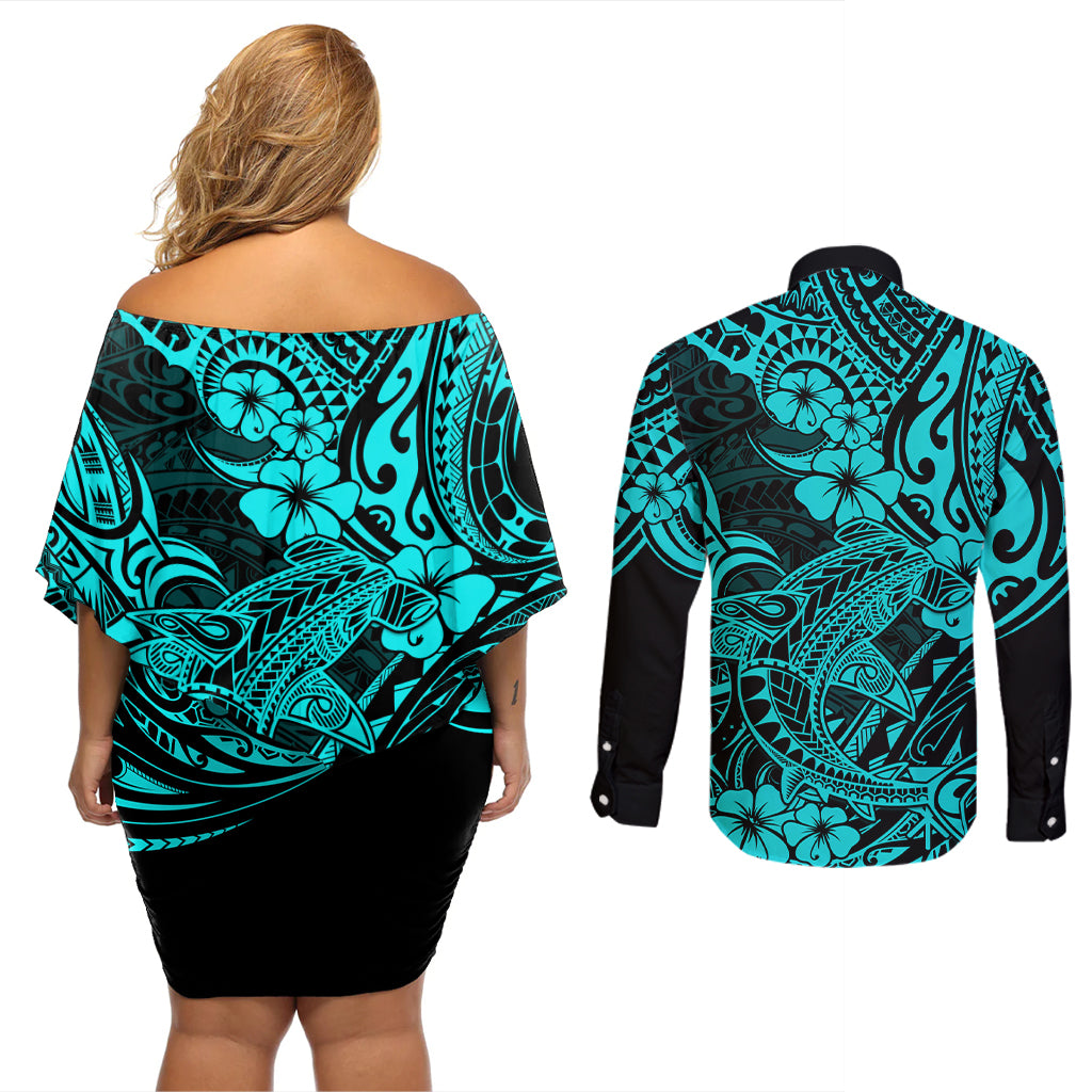 Hawaii Shark Couples Matching Off Shoulder Short Dress and Long Sleeve Button Shirts Polynesian Pattern Turquoise Version LT01 - Polynesian Pride