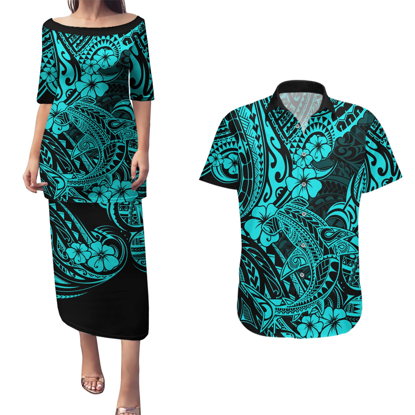 Hawaii Shark Couples Matching Puletasi Dress and Hawaiian Shirt Polynesian Pattern Turquoise Version LT01 Turquoise - Polynesian Pride
