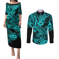 Hawaii Shark Couples Matching Puletasi Dress and Long Sleeve Button Shirts Polynesian Pattern Turquoise Version LT01 Turquoise - Polynesian Pride