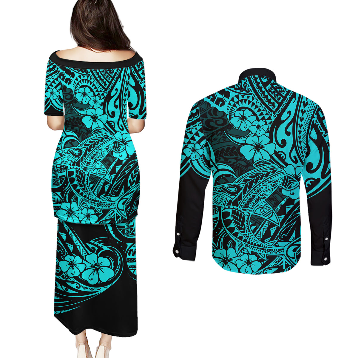 Hawaii Shark Couples Matching Puletasi Dress and Long Sleeve Button Shirts Polynesian Pattern Turquoise Version LT01 - Polynesian Pride