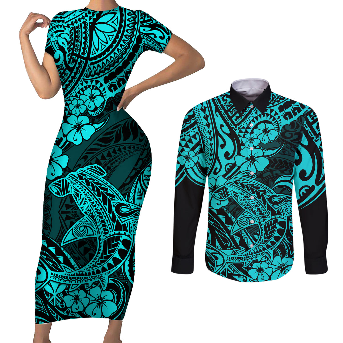 Hawaii Shark Couples Matching Short Sleeve Bodycon Dress and Long Sleeve Button Shirts Polynesian Pattern Turquoise Version LT01 Turquoise - Polynesian Pride