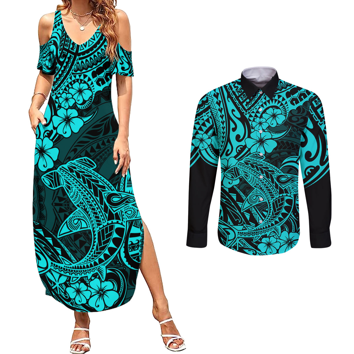 Hawaii Shark Couples Matching Summer Maxi Dress and Long Sleeve Button Shirts Polynesian Pattern Turquoise Version LT01 Turquoise - Polynesian Pride