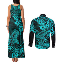 Hawaii Shark Couples Matching Tank Maxi Dress and Long Sleeve Button Shirts Polynesian Pattern Turquoise Version LT01 - Polynesian Pride