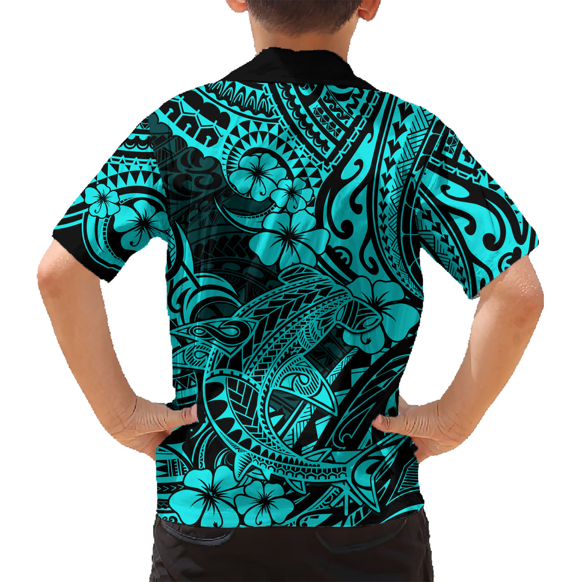 Hawaii Shark Kid Hawaiian Shirt Polynesian Pattern Turquoise Version LT01 - Polynesian Pride