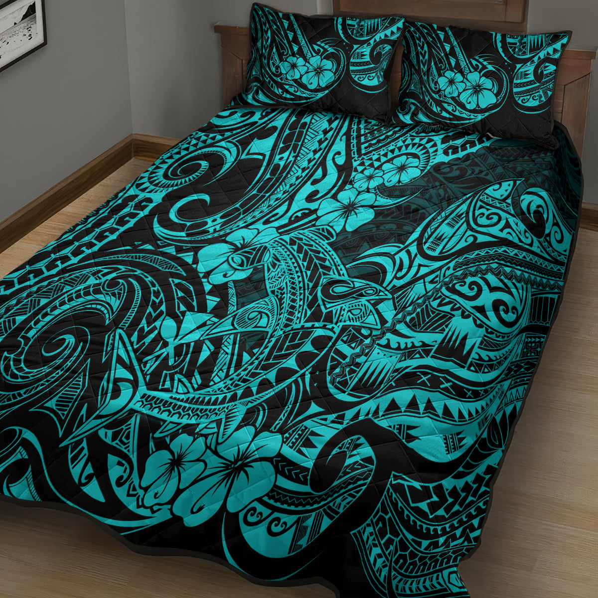 Hawaii Shark Quilt Bed Set Polynesian Pattern Turquoise Version LT01 - Polynesian Pride
