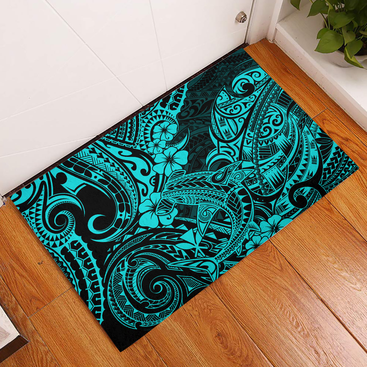 Hawaii Shark Rubber Doormat Polynesian Pattern Turquoise Version LT01 Turquoise - Polynesian Pride