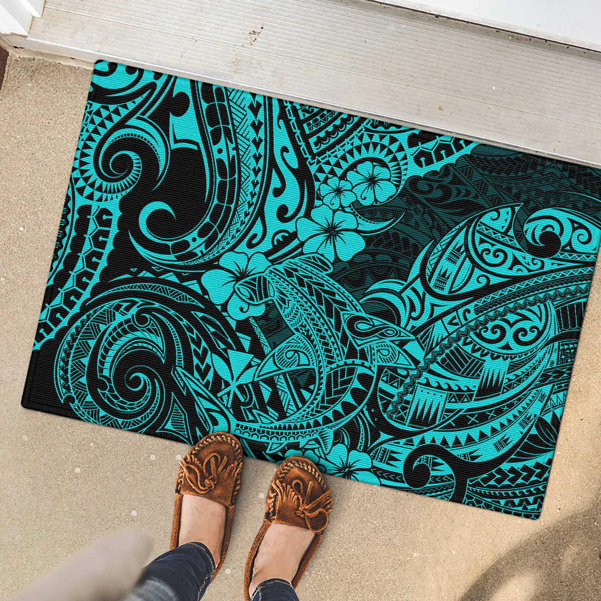 Hawaii Shark Rubber Doormat Polynesian Pattern Turquoise Version LT01 - Polynesian Pride