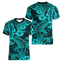 Hawaii Shark Women V Neck T Shirt Polynesian Pattern Turquoise Version LT01 - Polynesian Pride