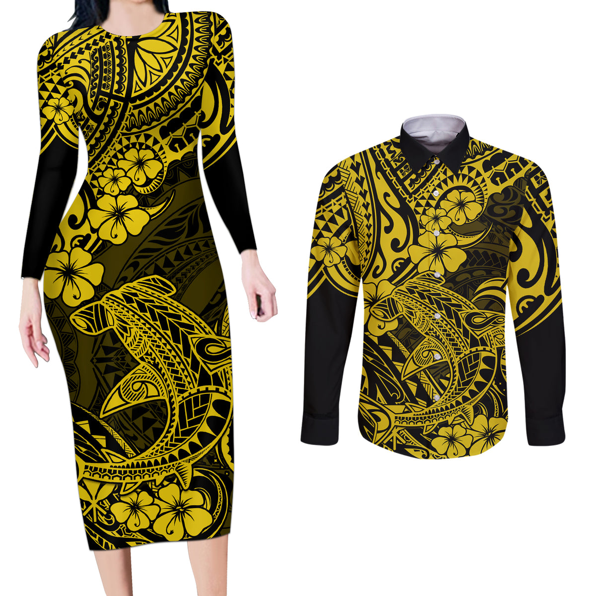Hawaii Shark Couples Matching Long Sleeve Bodycon Dress and Long Sleeve Button Shirts Polynesian Pattern Yellow Version LT01 Yellow - Polynesian Pride