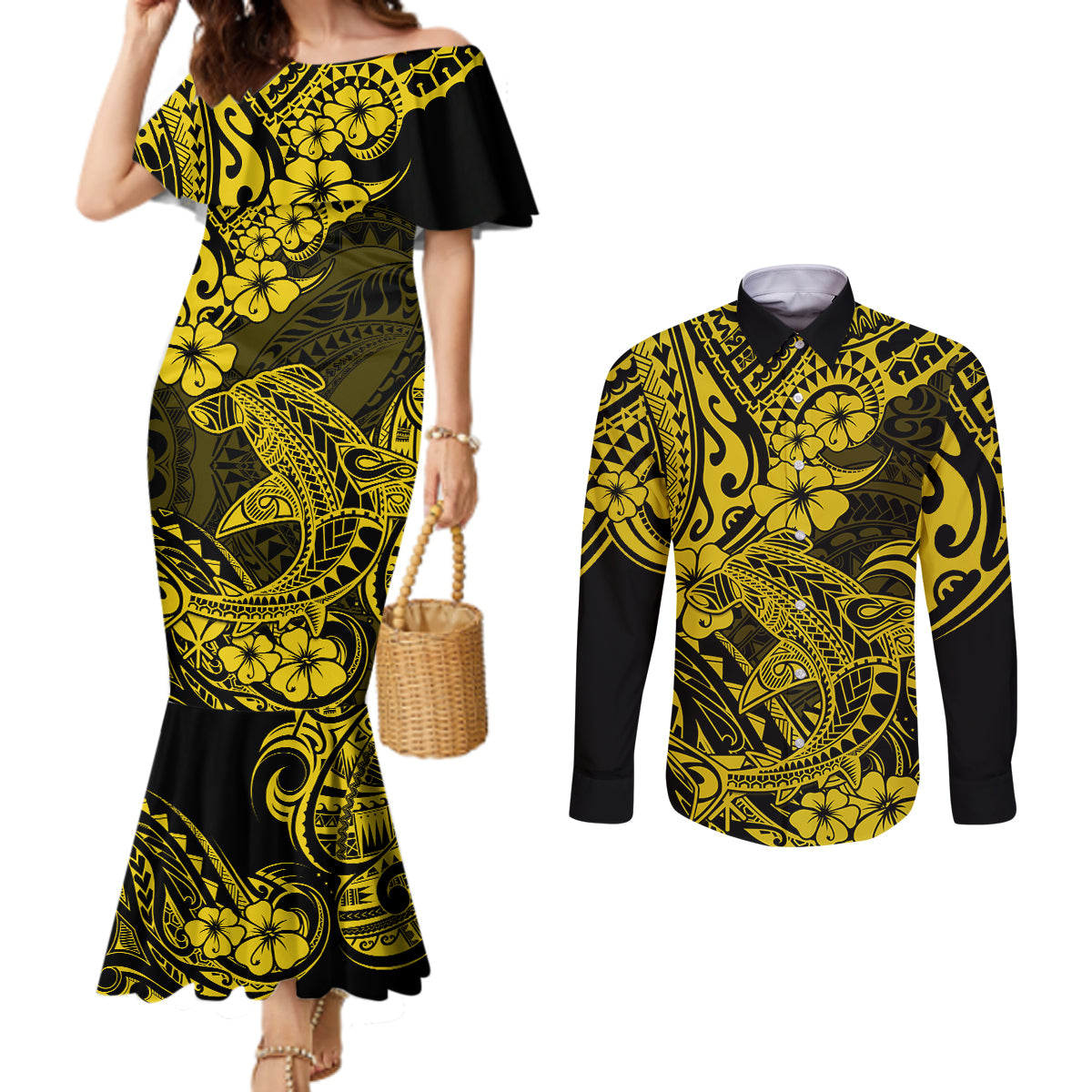 Hawaii Shark Couples Matching Mermaid Dress and Long Sleeve Button Shirts Polynesian Pattern Yellow Version LT01 Yellow - Polynesian Pride