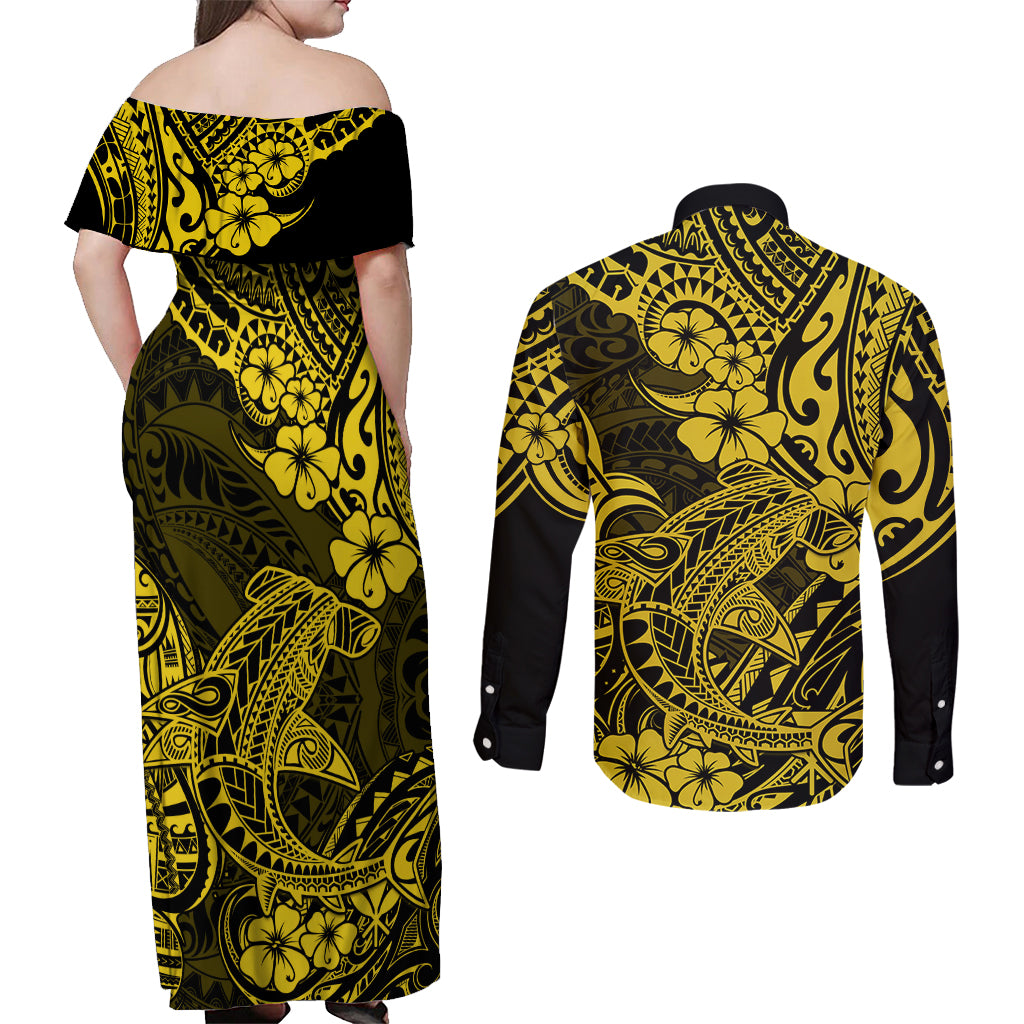 Hawaii Shark Couples Matching Off Shoulder Maxi Dress and Long Sleeve Button Shirts Polynesian Pattern Yellow Version LT01 - Polynesian Pride