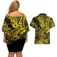 Hawaii Shark Couples Matching Off Shoulder Short Dress and Hawaiian Shirt Polynesian Pattern Yellow Version LT01 - Polynesian Pride