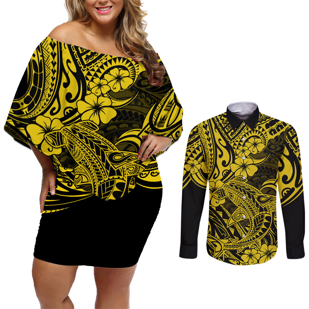 Hawaii Shark Couples Matching Off Shoulder Short Dress and Long Sleeve Button Shirts Polynesian Pattern Yellow Version LT01 Yellow - Polynesian Pride