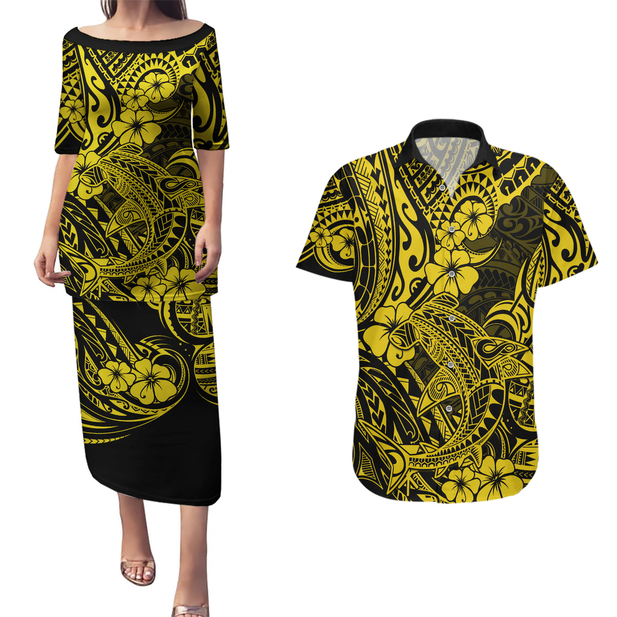 Hawaii Shark Couples Matching Puletasi Dress and Hawaiian Shirt Polynesian Pattern Yellow Version LT01 Yellow - Polynesian Pride