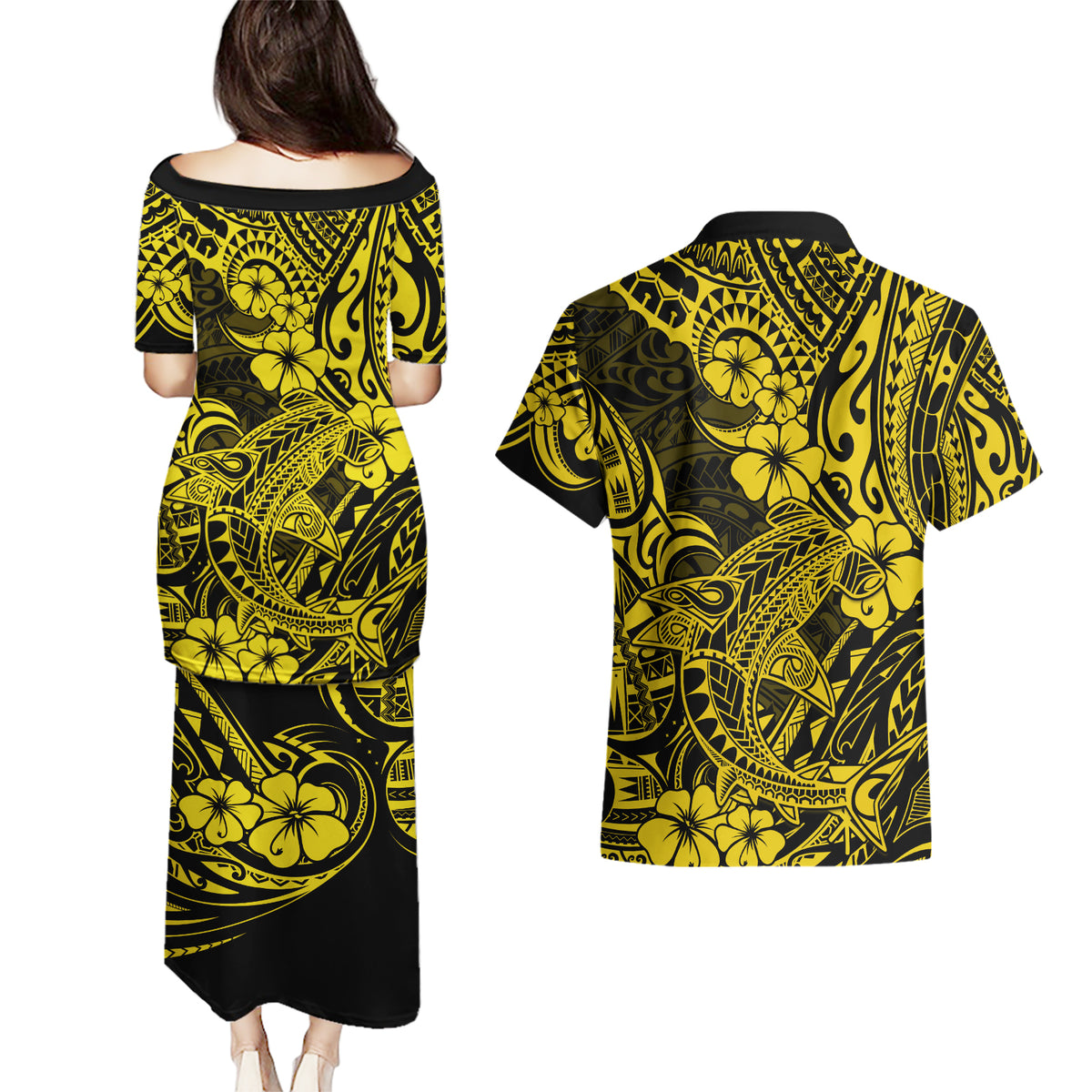 Hawaii Shark Couples Matching Puletasi Dress and Hawaiian Shirt Polynesian Pattern Yellow Version LT01 - Polynesian Pride