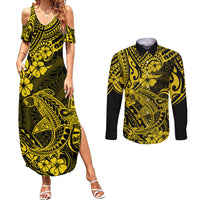 Hawaii Shark Couples Matching Summer Maxi Dress and Long Sleeve Button Shirts Polynesian Pattern Yellow Version LT01 Yellow - Polynesian Pride