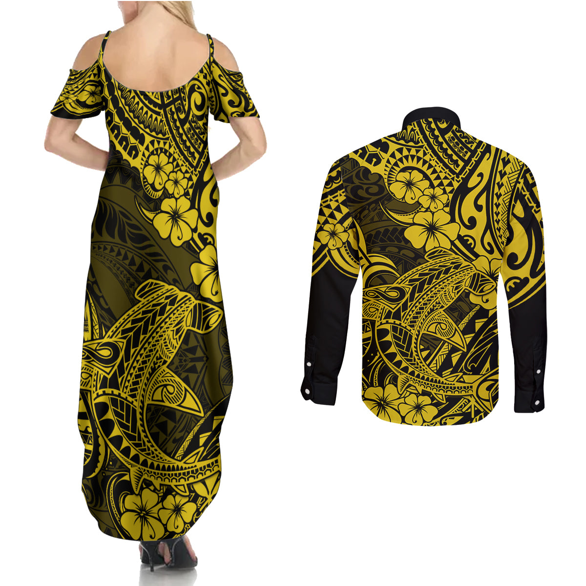 Hawaii Shark Couples Matching Summer Maxi Dress and Long Sleeve Button Shirts Polynesian Pattern Yellow Version LT01 - Polynesian Pride