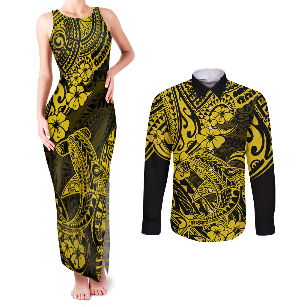 Hawaii Shark Couples Matching Tank Maxi Dress and Long Sleeve Button Shirts Polynesian Pattern Yellow Version LT01 Yellow - Polynesian Pride