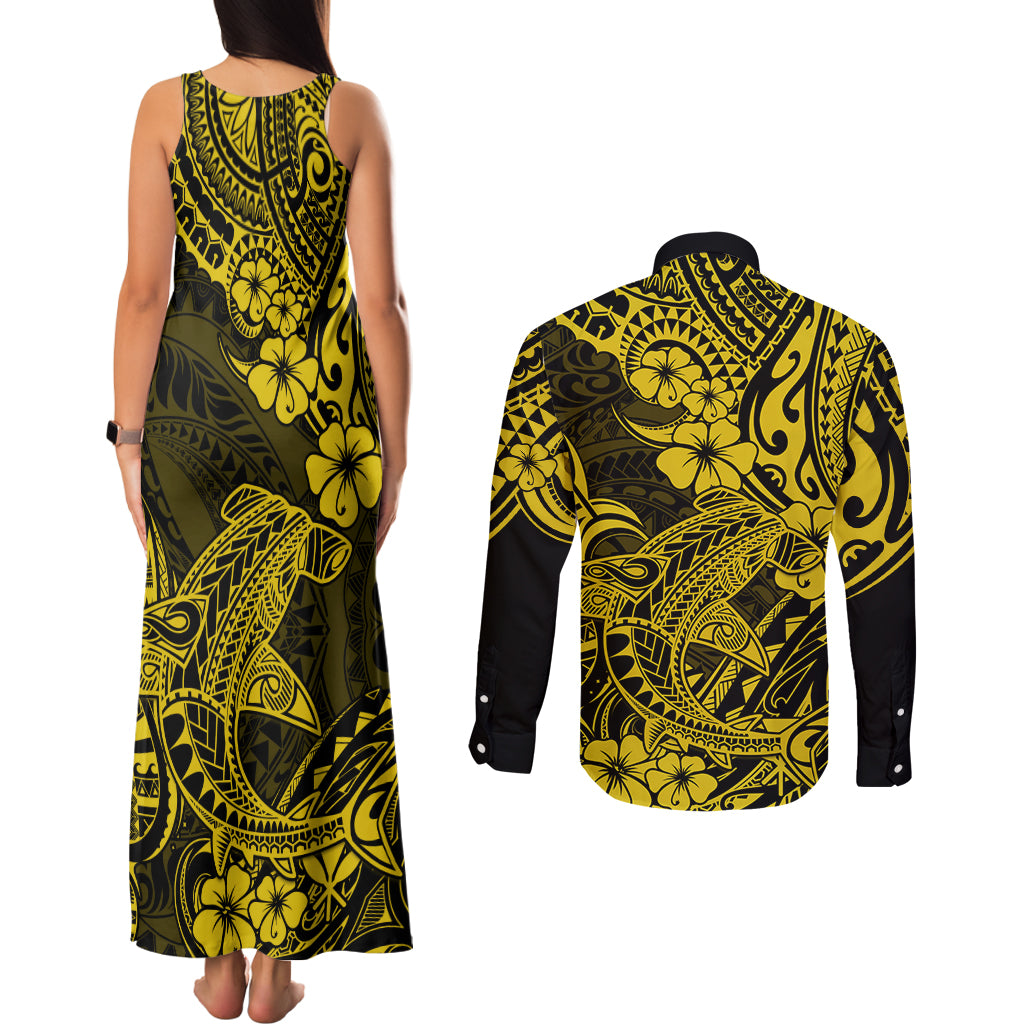 Hawaii Shark Couples Matching Tank Maxi Dress and Long Sleeve Button Shirts Polynesian Pattern Yellow Version LT01 - Polynesian Pride
