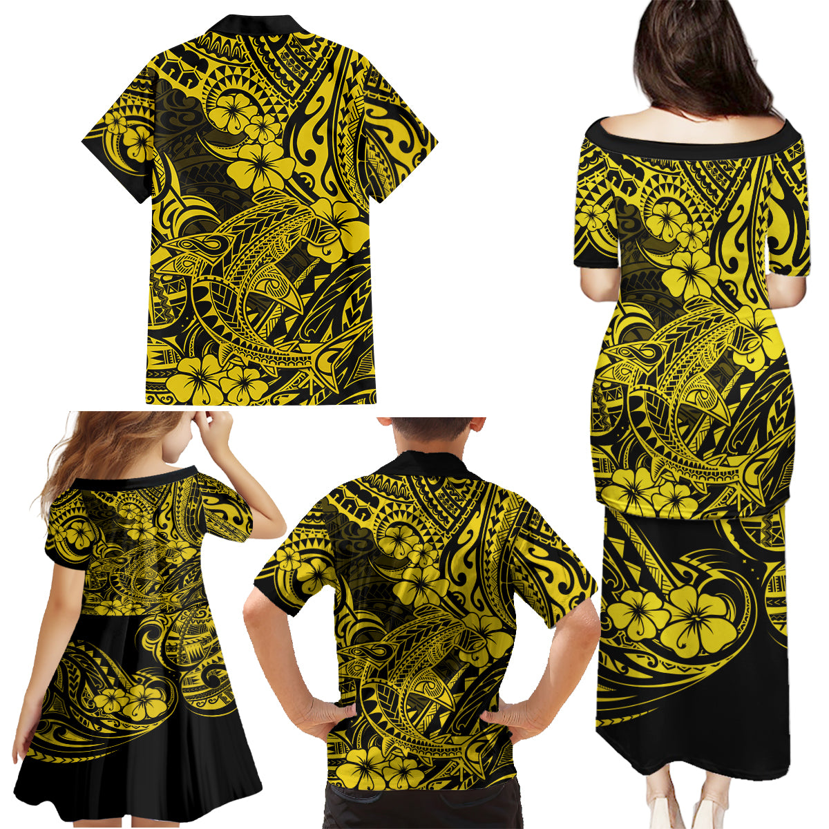Hawaii Shark Family Matching Puletasi Dress and Hawaiian Shirt Polynesian Pattern Yellow Version LT01 - Polynesian Pride