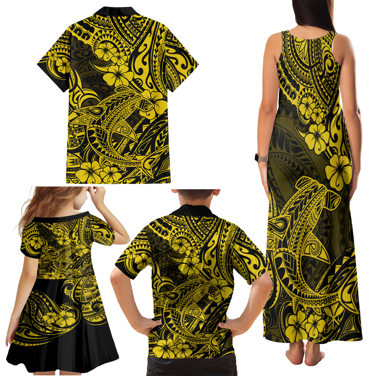 Hawaii Shark Family Matching Tank Maxi Dress and Hawaiian Shirt Polynesian Pattern Yellow Version LT01 - Polynesian Pride