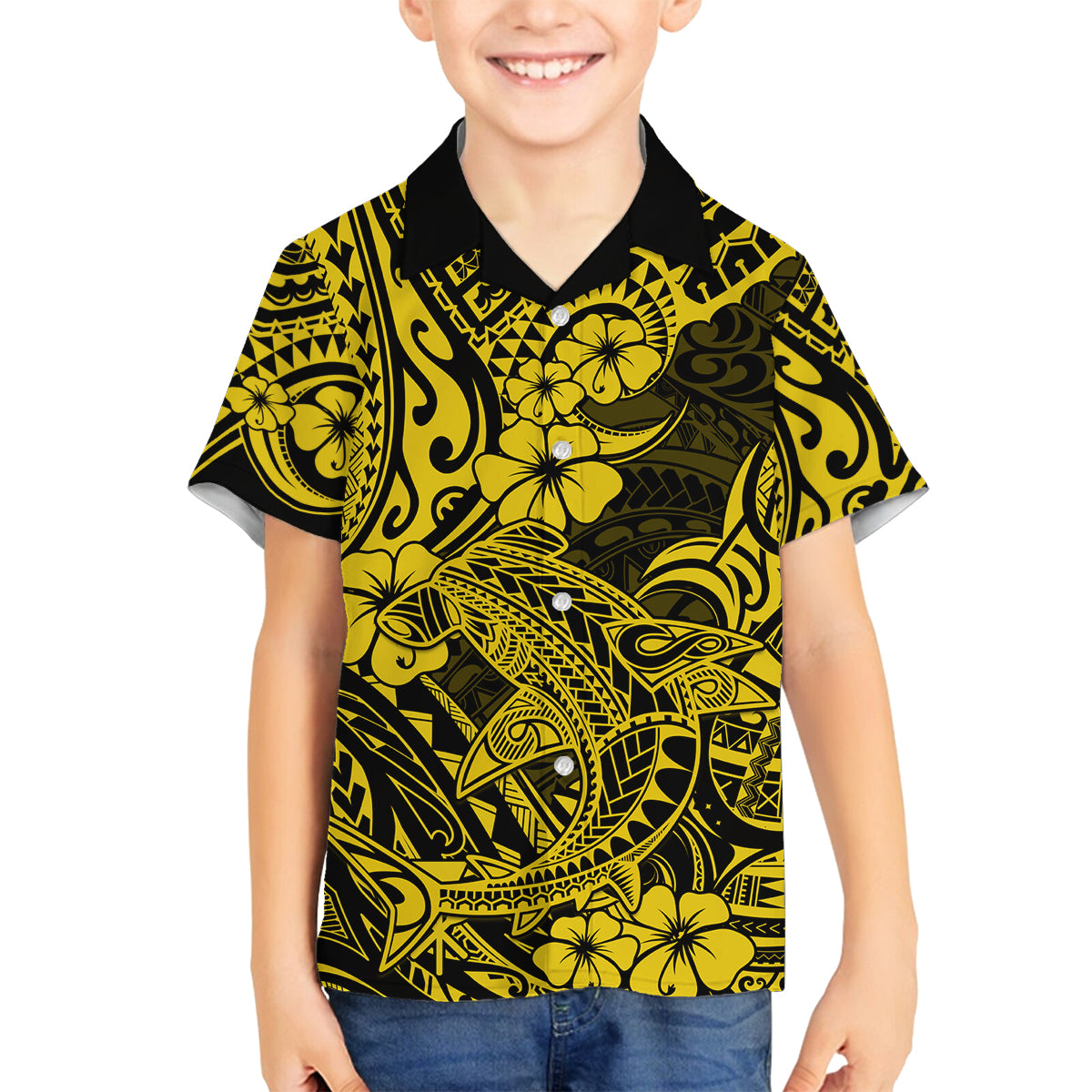 Hawaii Shark Family Matching Tank Maxi Dress and Hawaiian Shirt Polynesian Pattern Yellow Version LT01 Son's Shirt Yellow - Polynesian Pride