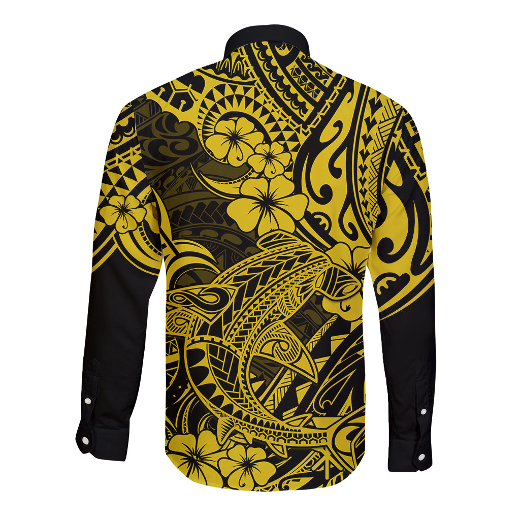 Hawaii Shark Long Sleeve Button Shirt Polynesian Pattern Yellow Version LT01 - Polynesian Pride