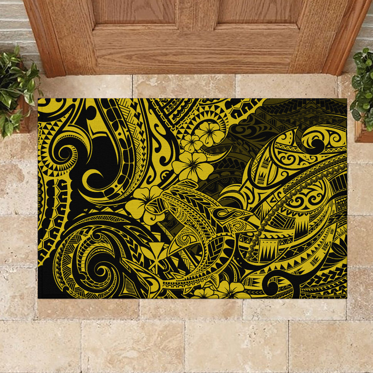 Hawaii Shark Rubber Doormat Polynesian Pattern Yellow Version LT01 - Polynesian Pride