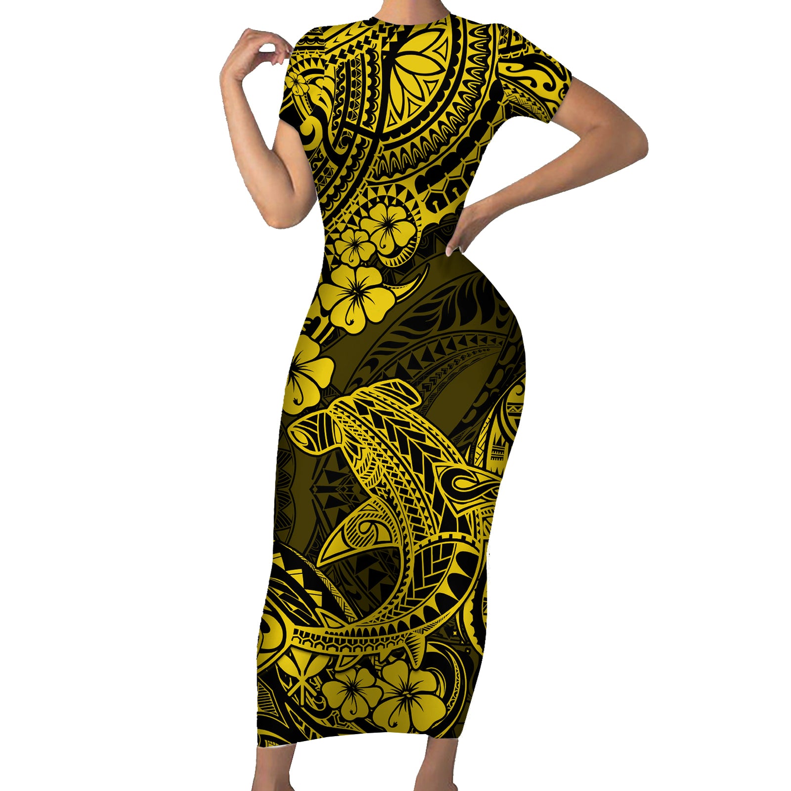 Hawaii Shark Short Sleeve Bodycon Dress Polynesian Pattern Yellow Version LT01 Long Dress Yellow - Polynesian Pride