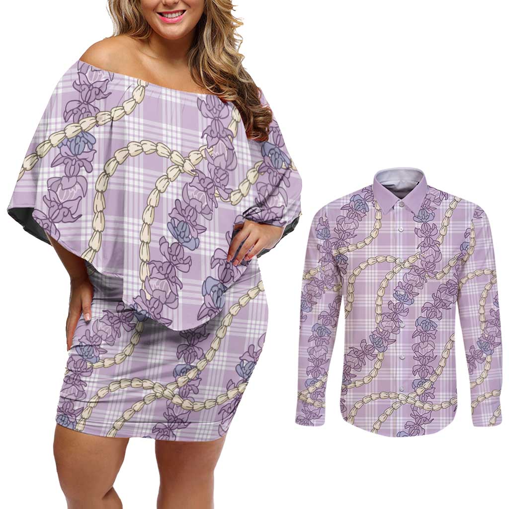 Pua Kalaunu Lei Couples Matching Off Shoulder Short Dress and Long Sleeve Button Shirt Palaka Pattern