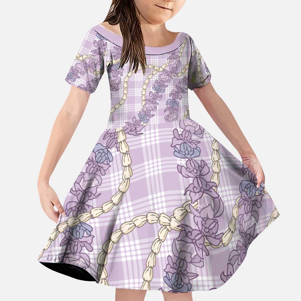 Pua Kalaunu Lei Family Matching Off Shoulder Short Dress and Hawaiian Shirt Palaka Pattern LT01 Daughter's Dress Purple - Polynesian Pride