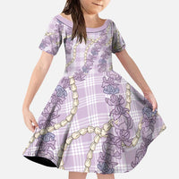 Pua Kalaunu Lei Family Matching Off Shoulder Short Dress and Hawaiian Shirt Palaka Pattern LT01 Daughter's Dress Purple - Polynesian Pride