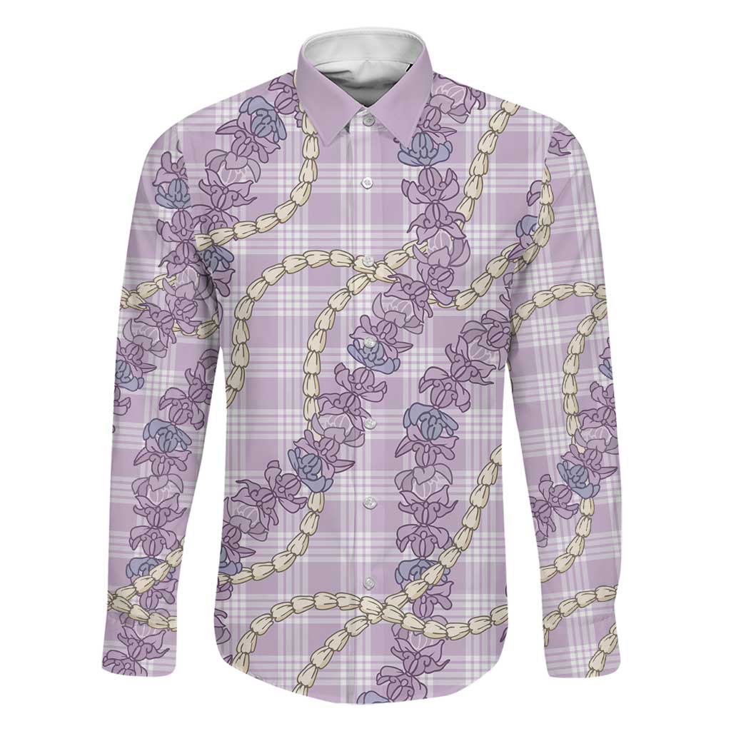 Pua Kalaunu Lei Family Matching Off Shoulder Short Dress and Hawaiian Shirt Palaka Pattern LT01 Dad's Shirt - Long Sleeve Purple - Polynesian Pride