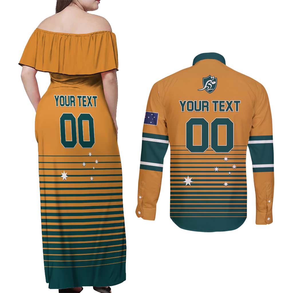 Custom Rugby Australia Couples Matching Off Shoulder Maxi Dress and Long Sleeve Button Shirt Junior Wallabies Go Champions
