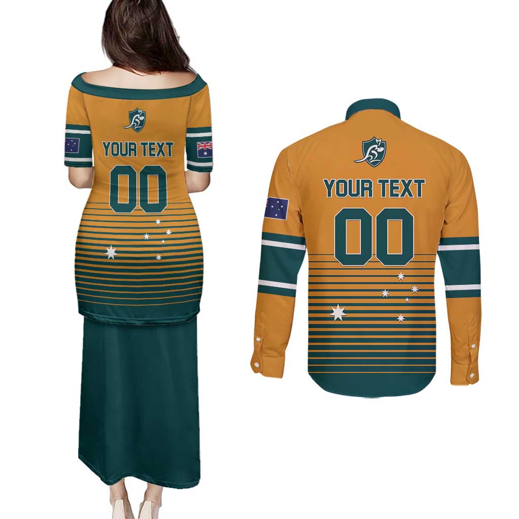 Custom Rugby Australia Couples Matching Puletasi and Long Sleeve Button Shirt Junior Wallabies Go Champions