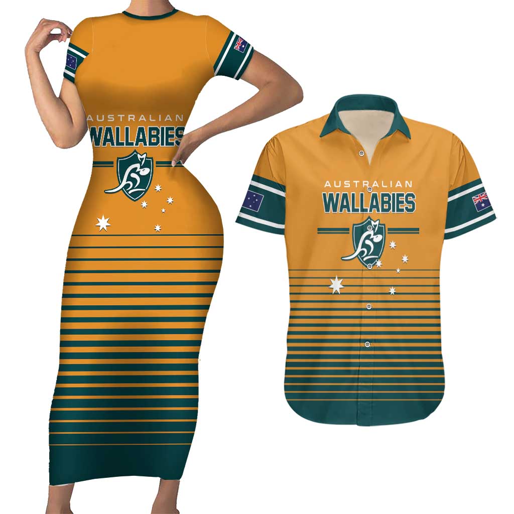 Custom Rugby Australia Couples Matching Short Sleeve Bodycon Dress and Hawaiian Shirt Junior Wallabies Go Champions