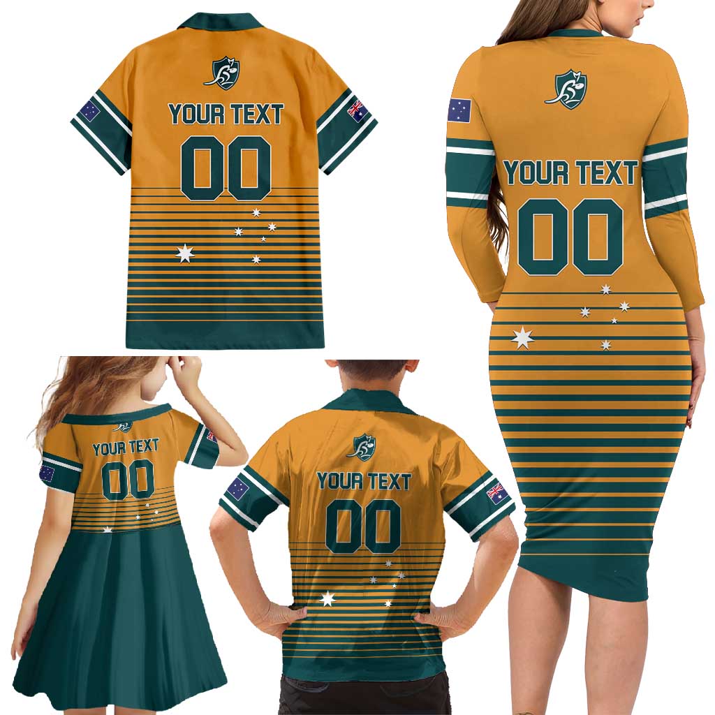 Custom Rugby Australia Family Matching Long Sleeve Bodycon Dress and Hawaiian Shirt Junior Wallabies Go Champions