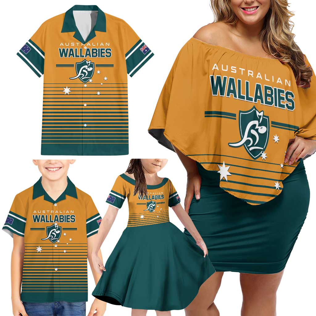 Custom Rugby Australia Family Matching Off Shoulder Short Dress and Hawaiian Shirt Junior Wallabies Go Champions