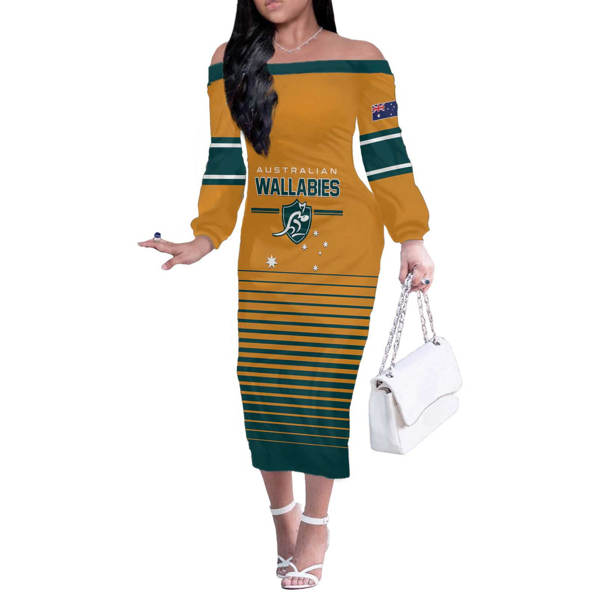 Custom Rugby Australia Off The Shoulder Long Sleeve Dress Junior Wallabies Go Champions