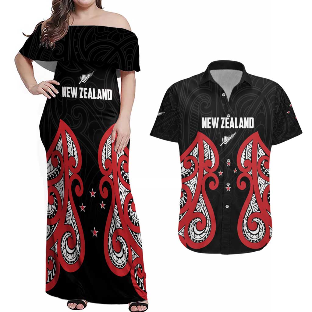 Custom Rugby New Zealand Couples Matching Off Shoulder Maxi Dress and Hawaiian Shirt Baby Black Go Champions