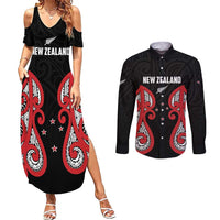 Custom Rugby New Zealand Couples Matching Summer Maxi Dress and Long Sleeve Button Shirt Baby Black Go Champions
