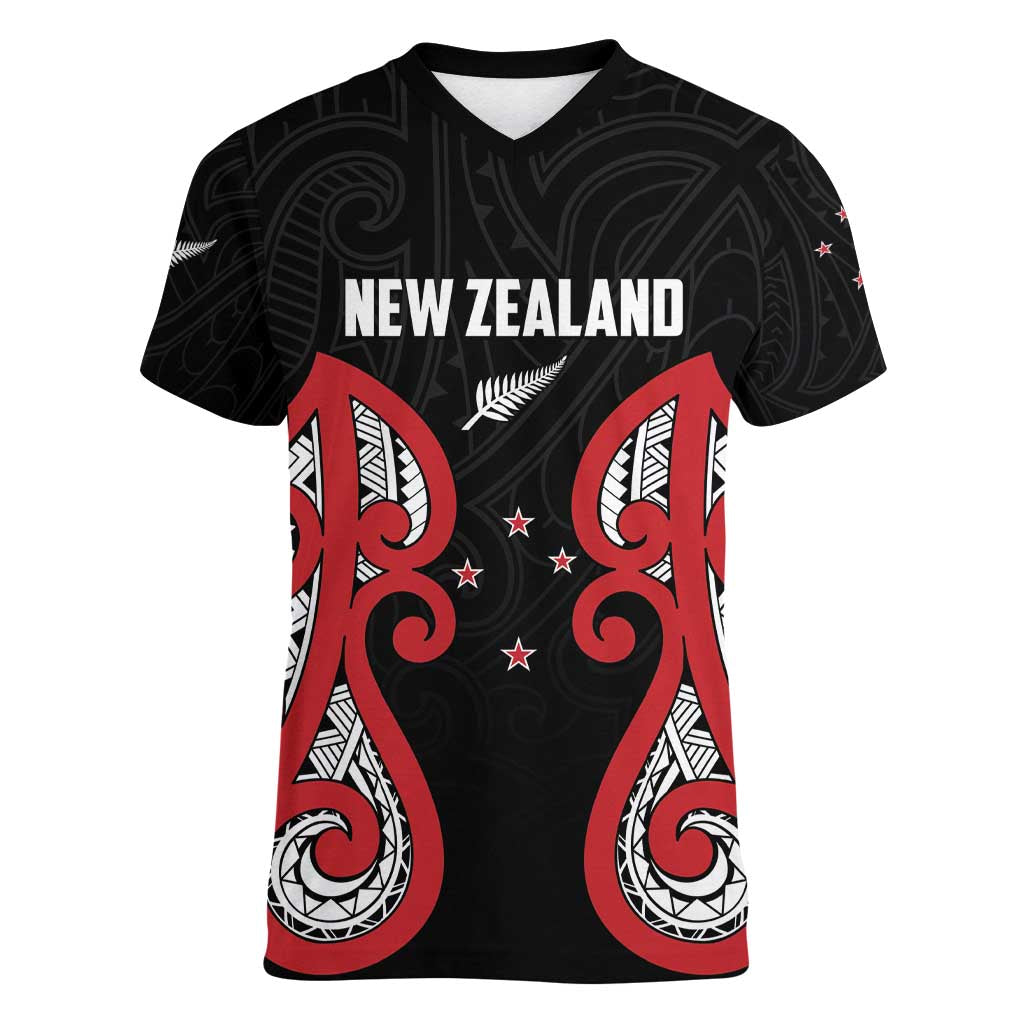 Custom Rugby New Zealand Women V-Neck T-Shirt Baby Black Go Champions