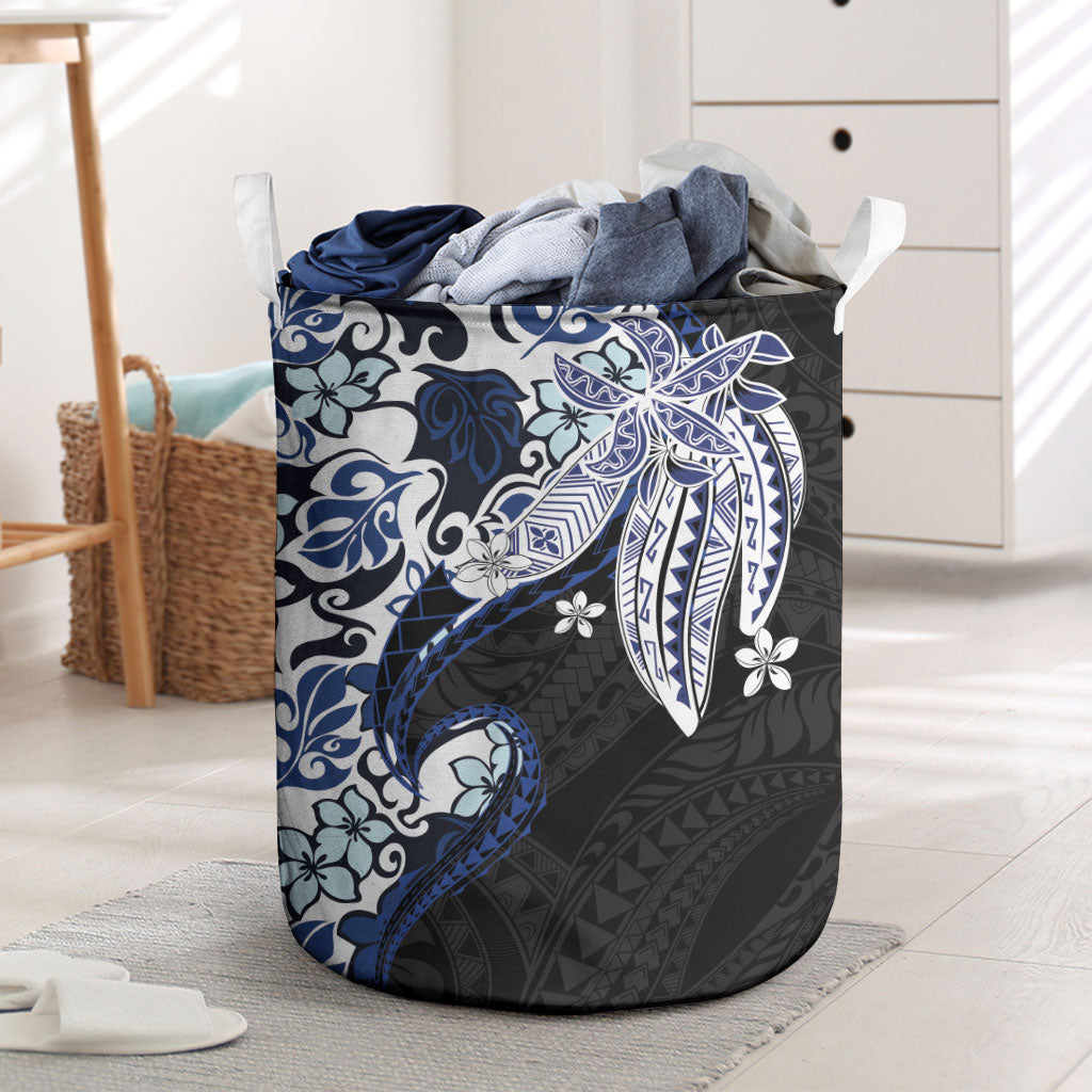 Monstera Plumeria Flowers Blue Laundry Basket Polynesian Pattern