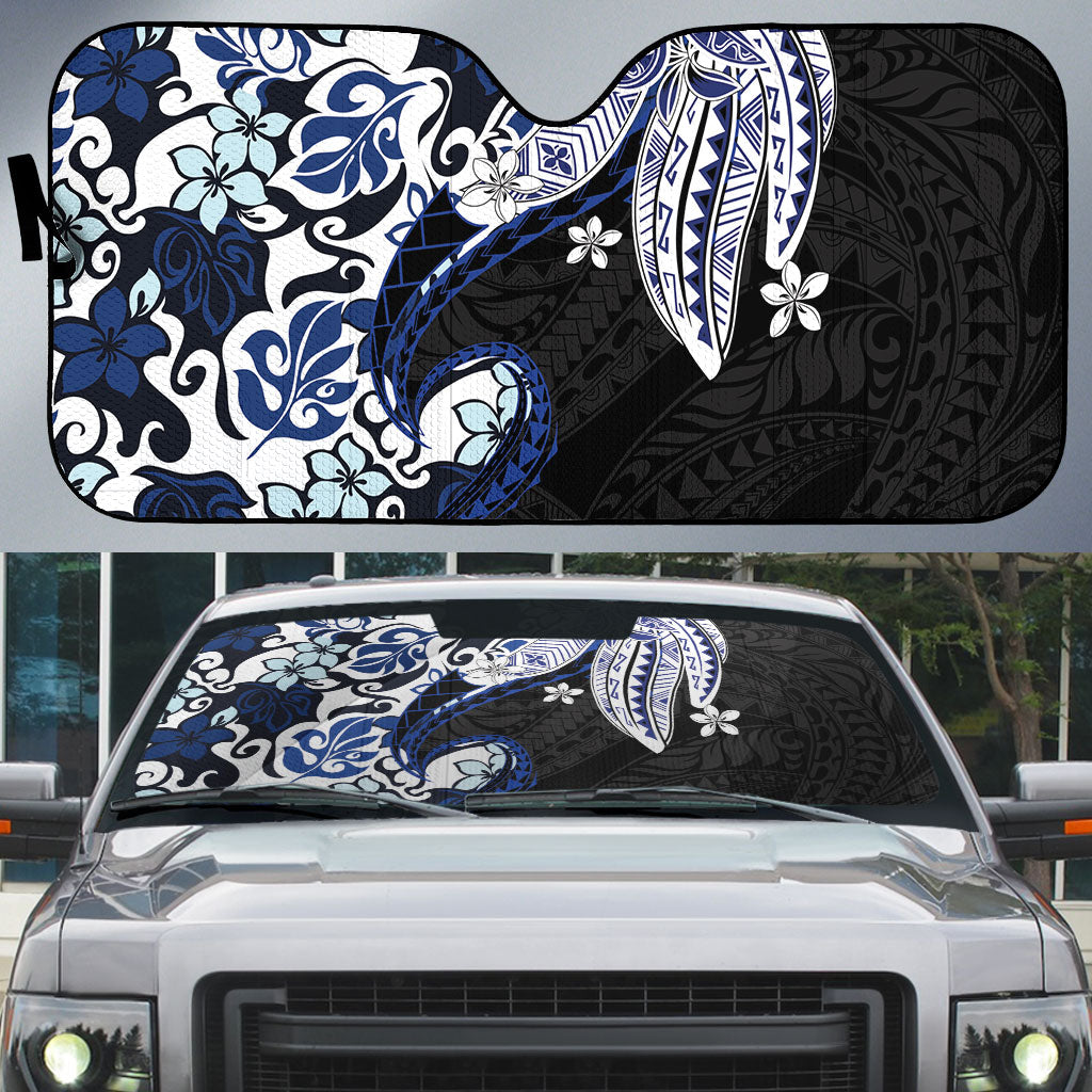 Monstera Plumeria Flowers Blue Auto Sun Shade Polynesian Pattern