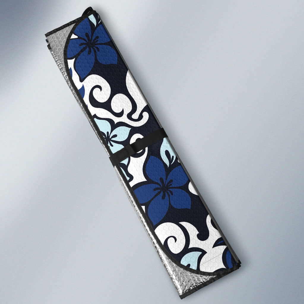 Monstera Plumeria Flowers Blue Auto Sun Shade Polynesian Pattern