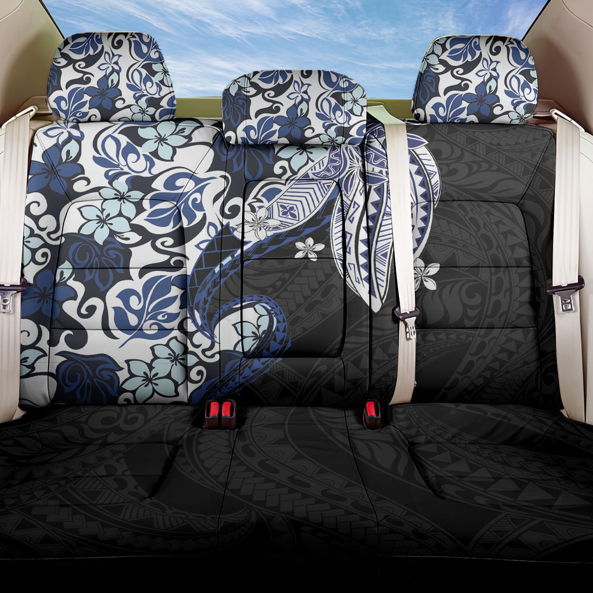 Monstera Plumeria Flowers Blue Back Car Seat Cover Polynesian Pattern